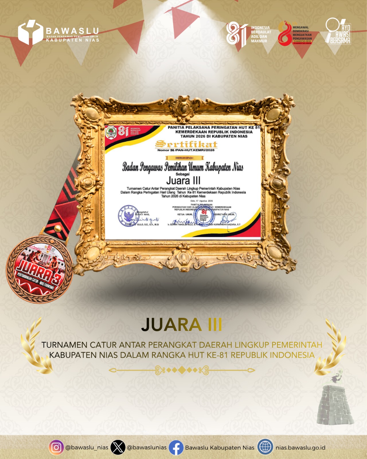Bawaslu Nias Raih Juara III pada HUT RI ke - 8
